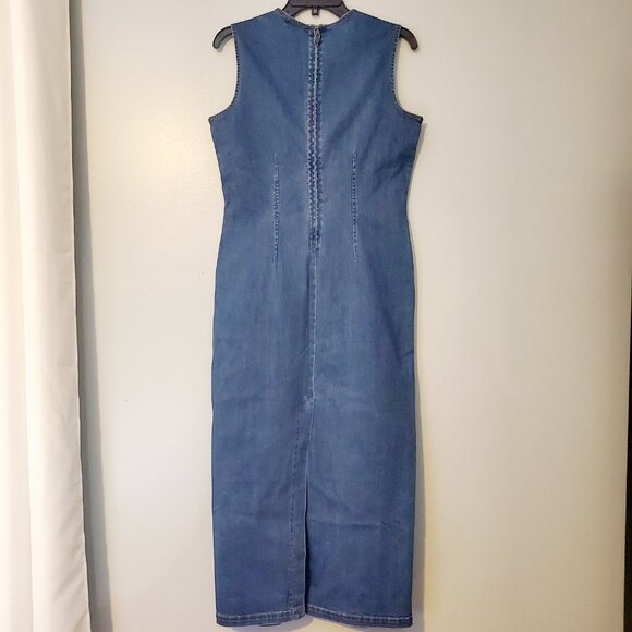 NWT House of Harlow 1960 Denim Midi Dress Medium Sleeveless Fitted Minimalist - Picture 3 of 12